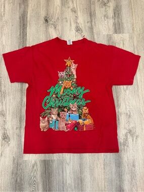 Dec. 25th Large Red Meowy Christmas Cats Graphic T-Shirt